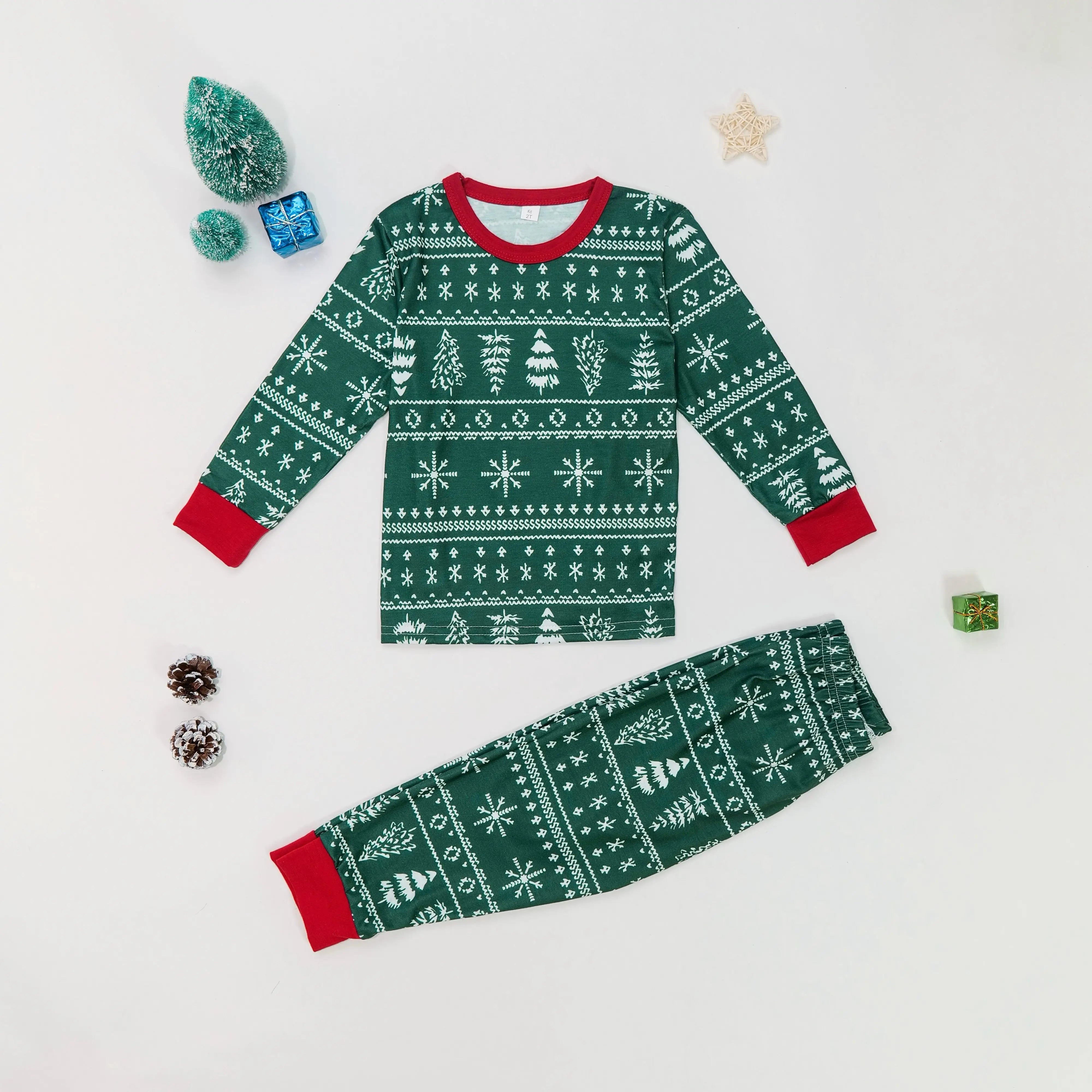 Green & Red Pine Tree & Snowflake Pyjama Set